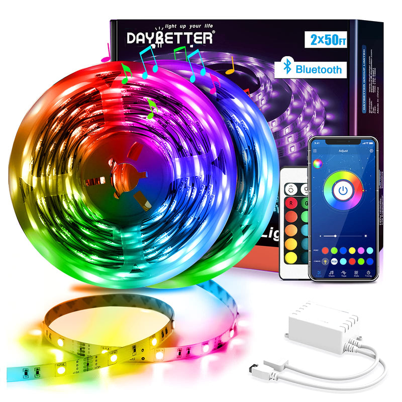DAYBETTER Led Strip Lights 100ft (2 Rolls of 50ft) Smart Light Strips with App Control Remote, 5050 RGB Led Lights for Bedroom, Music Sync Color Changing Lights for Room Party Multicolor 100.0 Feet