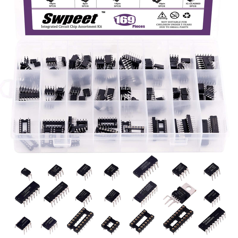 Swpeet 169Pcs 21 Types Integrated Circuit Chip Assortment Kit, Including Opamp, Oscillator, Pwm, LM324, LM358, LM386, LM393, NE5532, NE555, PC817, ULN2003, ULN2803, ICL7660S, JRC4558, LM339, TDA2030AN 169