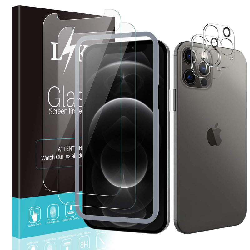 [2+2 Pack] LϟK 2 Pack Tempered Glass Screen Protector & 2 Pack Camera Lens Protector Compatible for iPhone 12 Pro 5G 6.1 inch -Not for iPhone 12, Tempered Glass, Come with Installation Tray - Gray clear iPhone 12 Pro 6.1