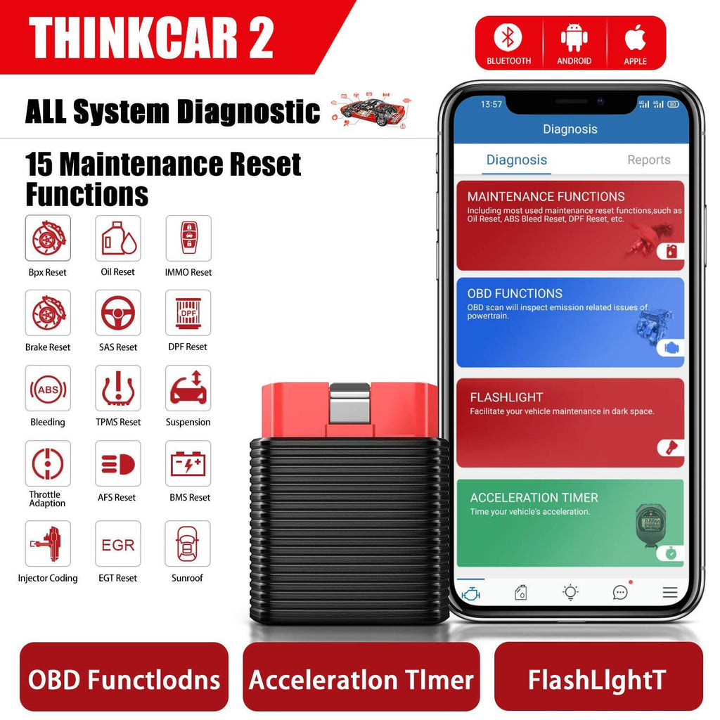 thinkcar 2 OBD2 Bluetooth Car Scanner Full System Scan Tool, 15 Reset Service Free for DIY Users