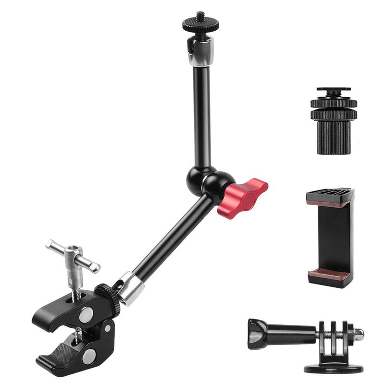 Hemmotop Magic Arm 11 Inch with Super Clamp Articulating Friction Arms for GoPro iPhone LCD Monitor Clamp Holder Mounts Kit Adjustable Black Red