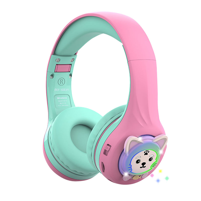 Riwbox Baosilon CB-7S Cat Kids Headphones Wireless/Wired with Mic, Light Up Bluetooth Headphones Over Ear Volume Limited Safe 75/85/95dB with TF-Card, Children Headphones for School(Pink&Green) Pink&Green