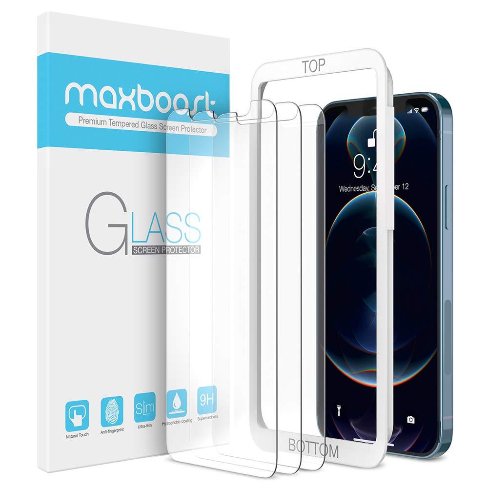 Maxboost Screen Protector Designed for iPhone 12 Screen Protector, iPhone 12 Pro Screen Protector -3 Pack, Tempered Glass Film compatible with iPhone 12 pro/12 6.1-inch (w/Alignment Tool included)