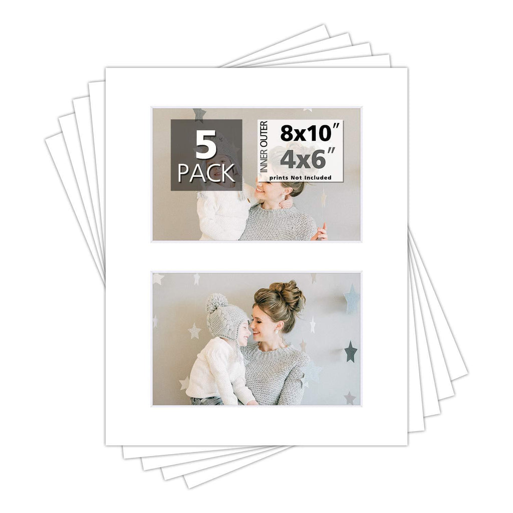 Mat Board Center, Pack of 5, Photo Picture Mats - Acid Free, 4-ply Thickness, White Core - for Pictures, Photos, Framing (8x10 for 2-4x6 White) 8x10 with 2 4x6 openings
