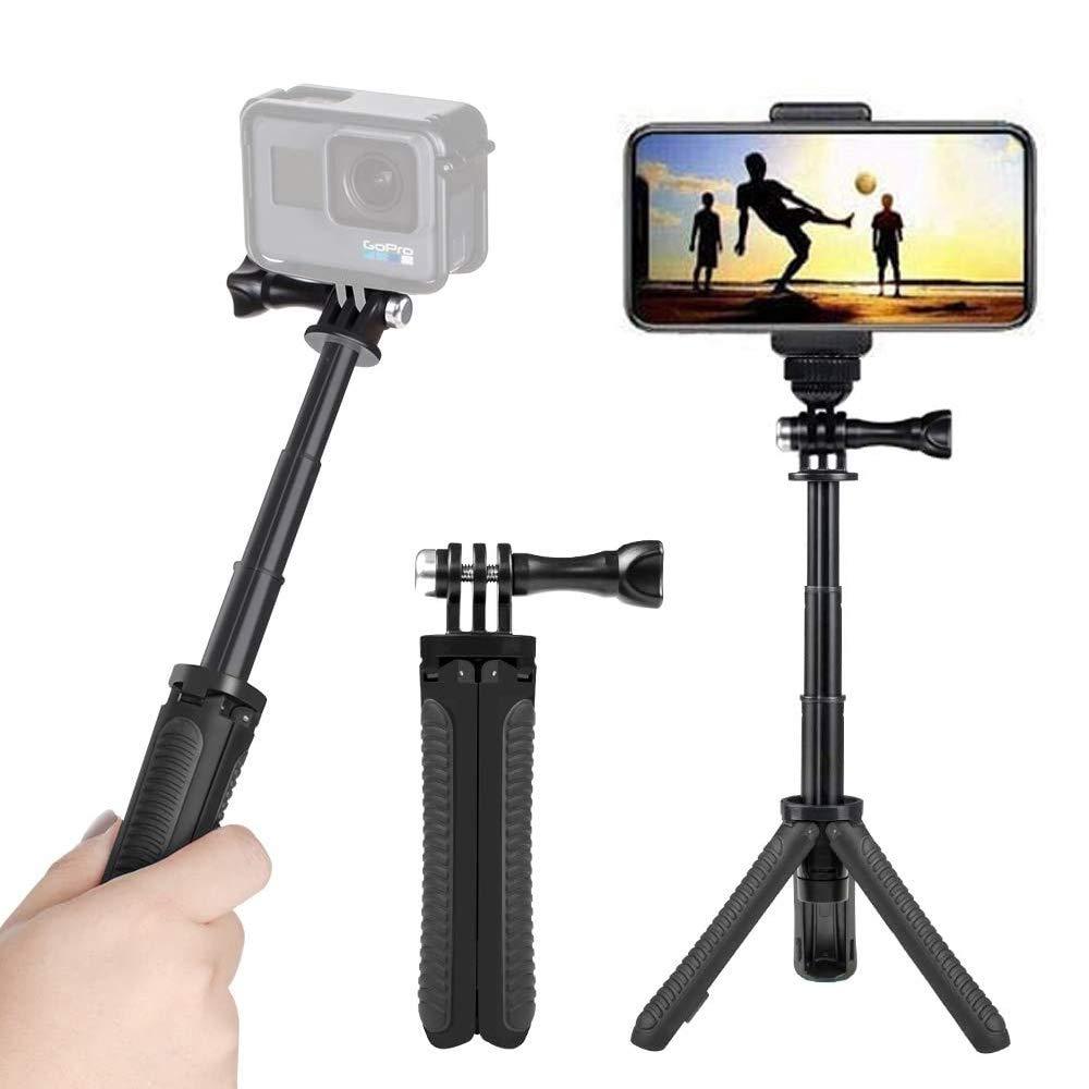 Mini Selfie Stick Tripod Kit 2-in-1, Compatible with Hero 9/8/ 7/6/MAX/OSMO/ACTION Action Cameras and Smartphones, 1/4 inch Screw Fixed, with 3-Level Telescopic Function Tripod（Black） Black