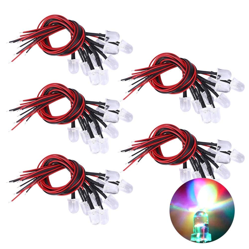50PCs 12V LED Pre Wired Light Emitting Diode, 10mm Round Head Light Beads DIY Colorful Small LED Lamps for DIY Home Lighting