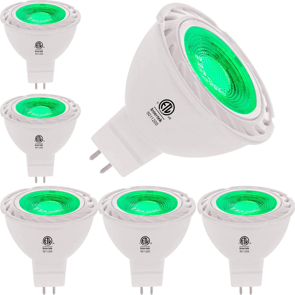 Green MR16 LED Light Bulbs 50W Equivalent Halogen Replacement 6W 12V Bi-pin GU5.3 Outdoor Landscape Yard Lighting- Pack of 6 Green