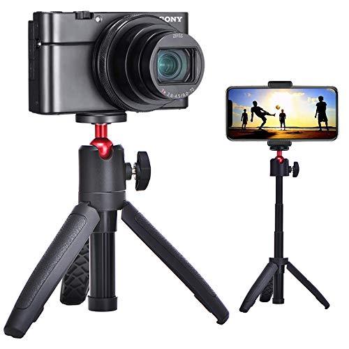 Mini Selfie Stick Extendable Handheld Tripod 2 in 1，Compatible with Various Action Cameras and iPhone/Samsung/Google Smartphone Clamp for Selfie Travel Vlogging, 1/4" Inch Screw Mount Ballhead Tripod