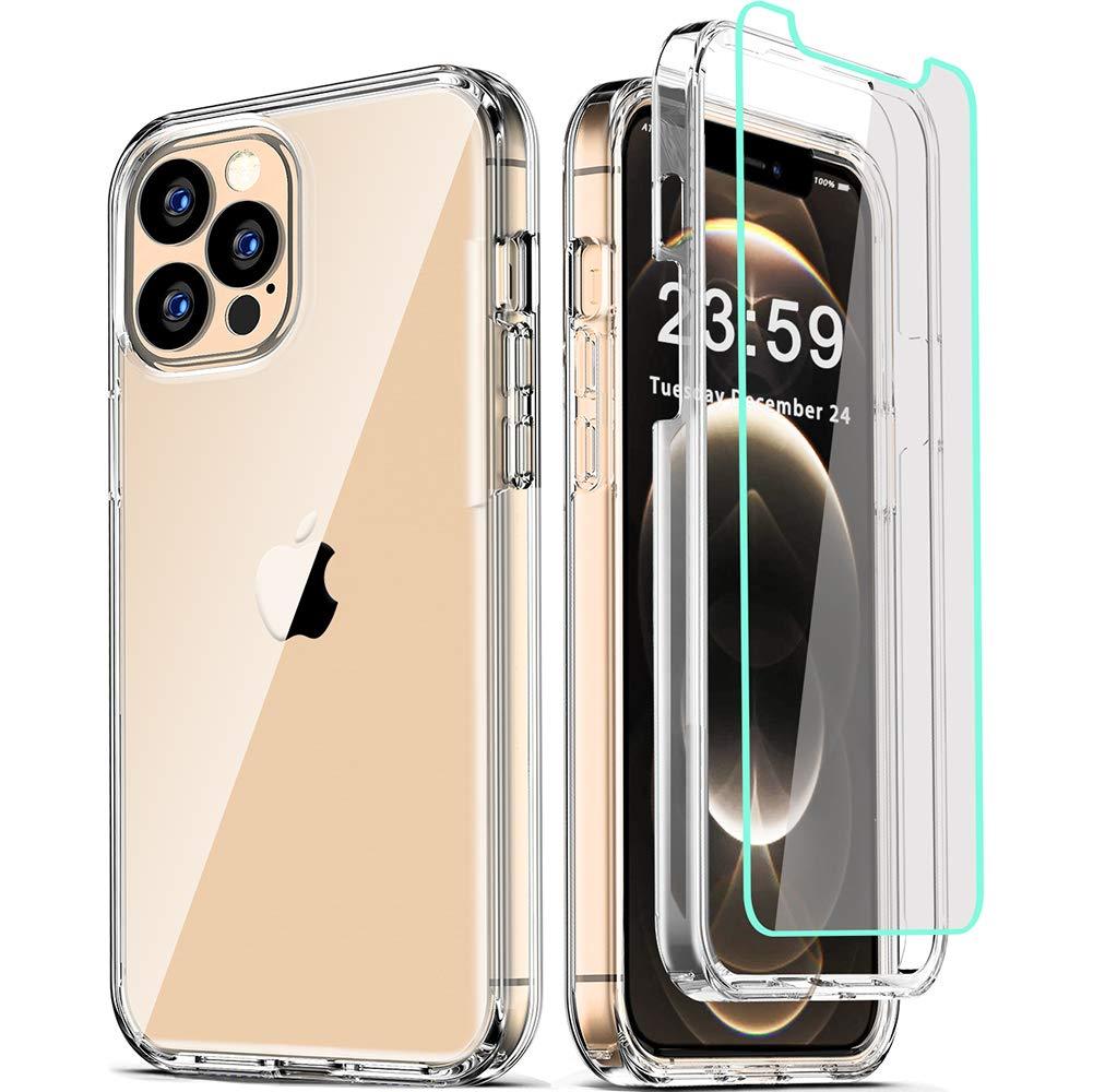 COOLQO Compatible for iPhone 12 Pro Max Case 6.7 Inch, with [2 x Tempered Glass Screen Protector] Clear 360 Full Body Coverage Silicone Protective 13 ft Shockproof Phone Cover