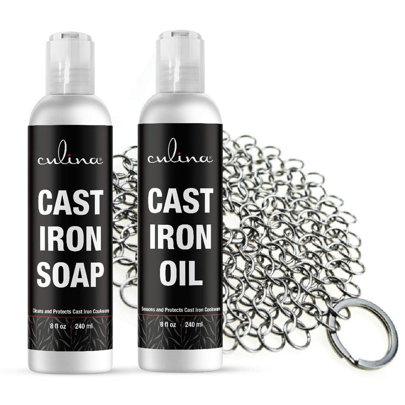 Culina Cast Iron Soap Set & Conditioning Oil & Stainless Scrubber | All Natural Ingredients | Best for Cleaning, Non-stick Cooking & Restoring | for Cast Iron Cookware, Skillets, Pans & Grills!…