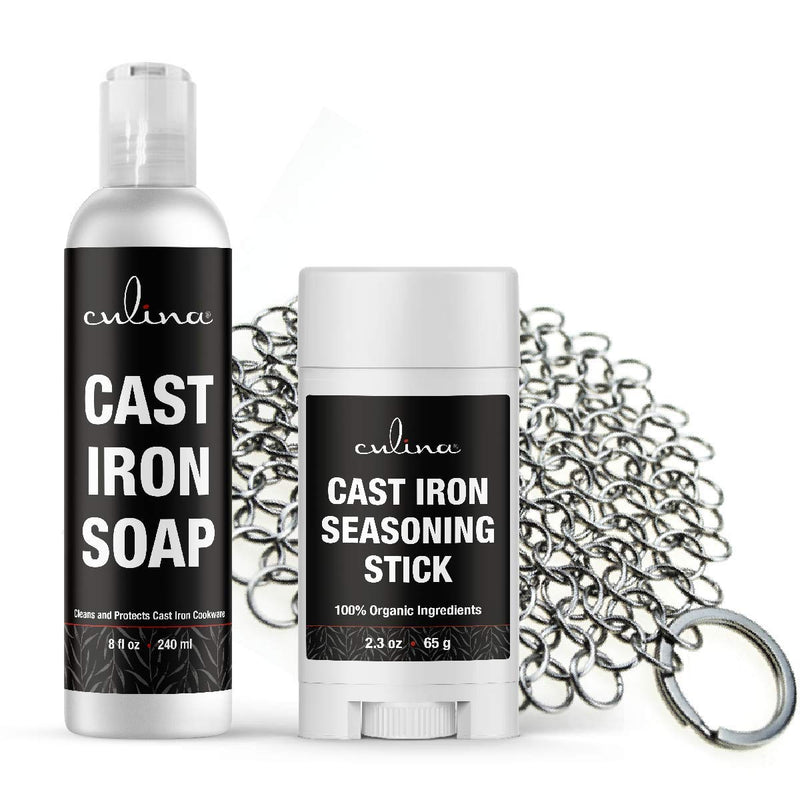 Culina Cast Iron Seasoning Stick & Soap Set &stainless Scrubber | All Natural Ingredients | Best for Cleaning, Non-stick Cooking & Restoring | for Cast Iron Cookware, Skillets, Pans & Grills!…