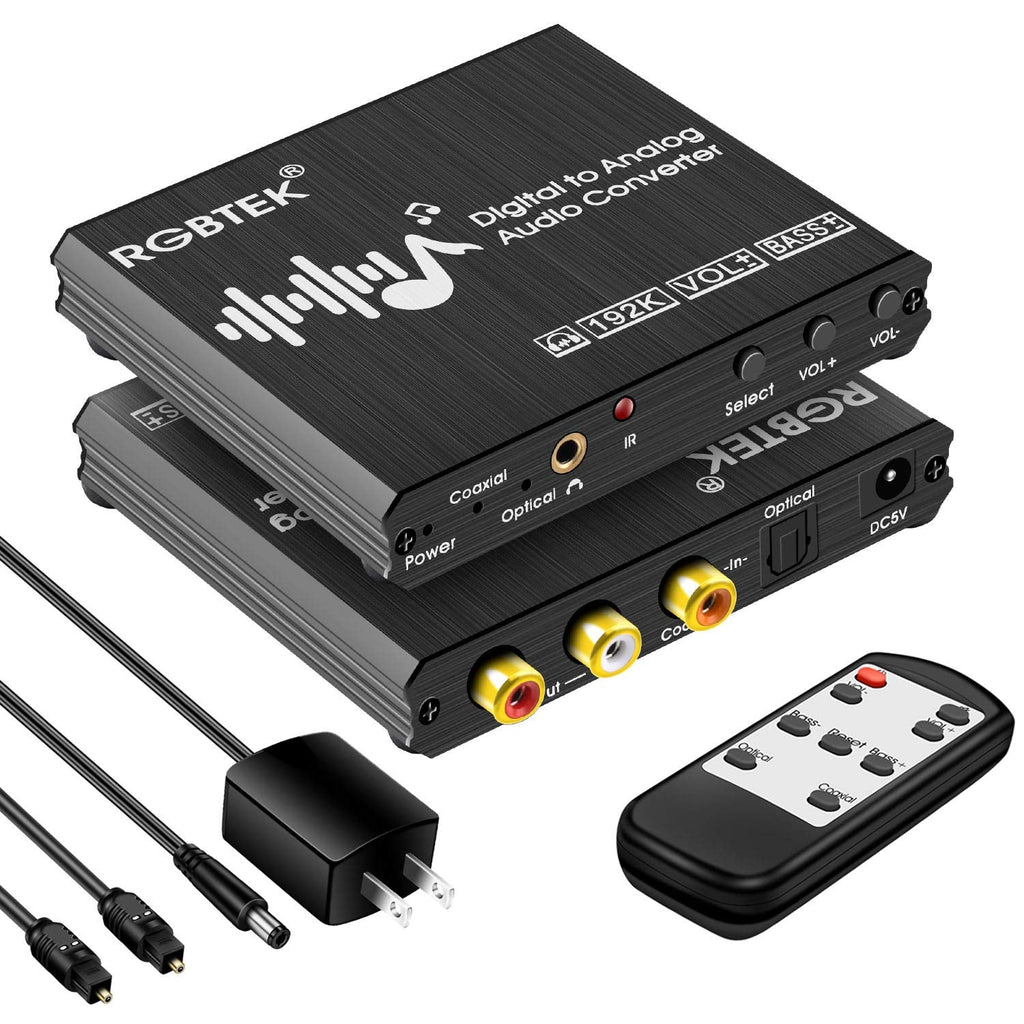 Digital to Analog Audio Converter with Remote, 192KHz DAC Converter with Volume Control&Bass Adjustment, DAC Box with Optical/Coaxial/Spdif Input and RCA 3.5mm Output Compatible with TV/PS4/DVD
