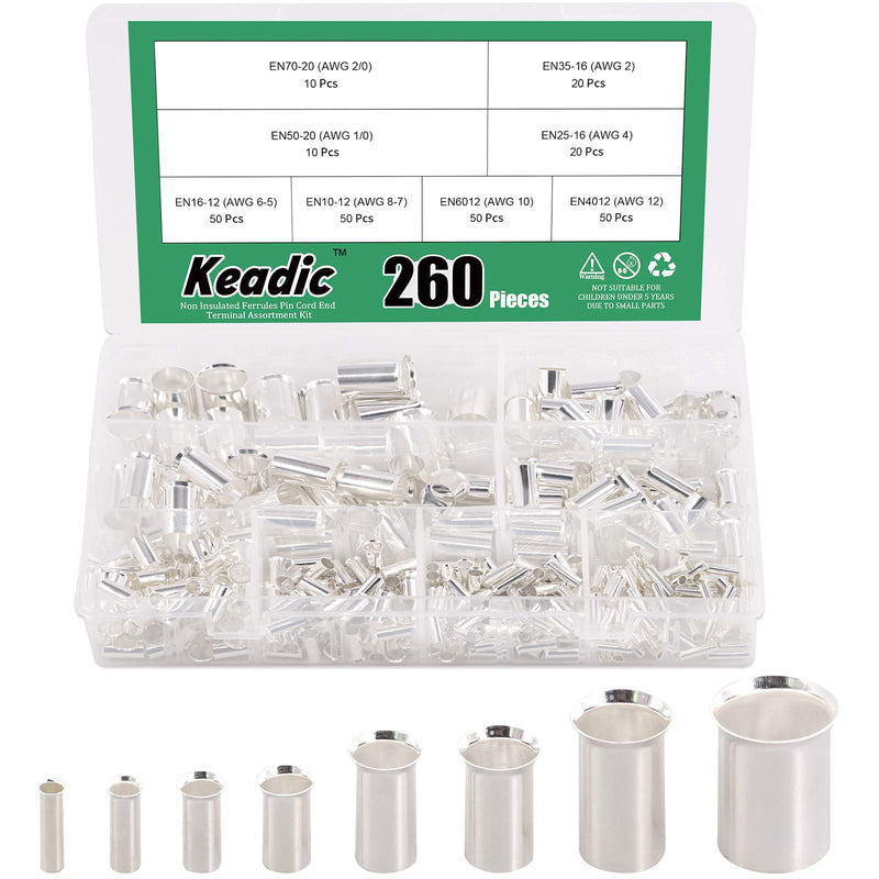 Keadic 260Pcs AWG 12 10 8 6 4 2 1/0 2/0 Wire Ferrule Connectors Kit, Tinned Copper Crimp Connector Non Insulated Ferrules Pin Cord End Terminal, 8 Types