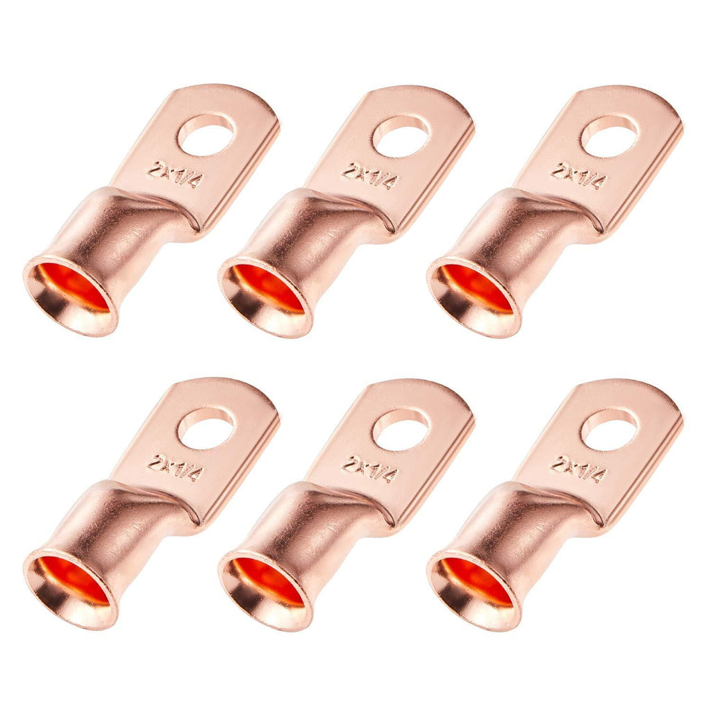 6 Pack Battery Cable Ends, UL Listed Heavy Duty Wire Lugs, Bare Copper Eyelets，Tubular Ring Terminals, Closed End Crimp Connectors (2AWG1/4(M6) Ring) (2AWG1/4(M6)Ring)