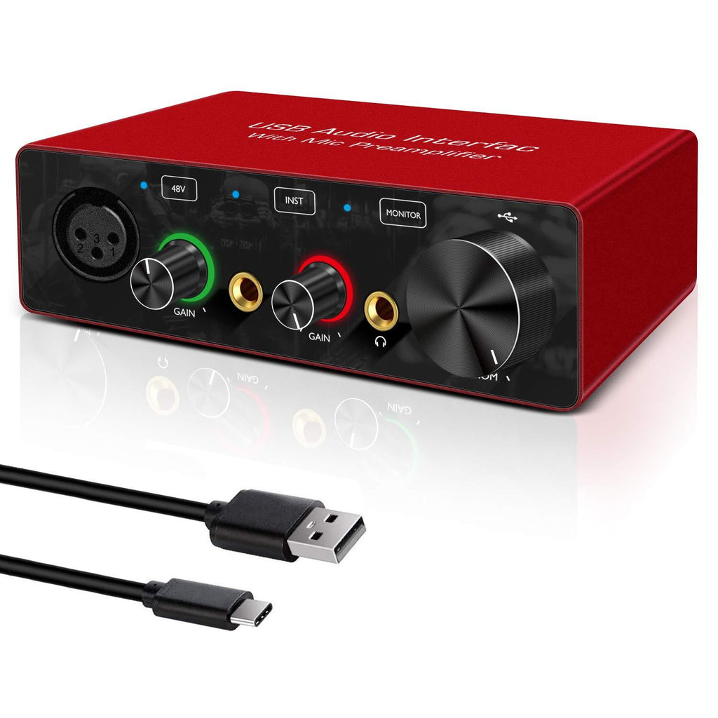 Audio Interface USB Audio Interface with Mic Preamplifier USB Audio Mixer Recorder with 48V Phantom Power, 24 Bit, Support Tablet, Computers and Other Equipment Recording （NO Software or DAW included）