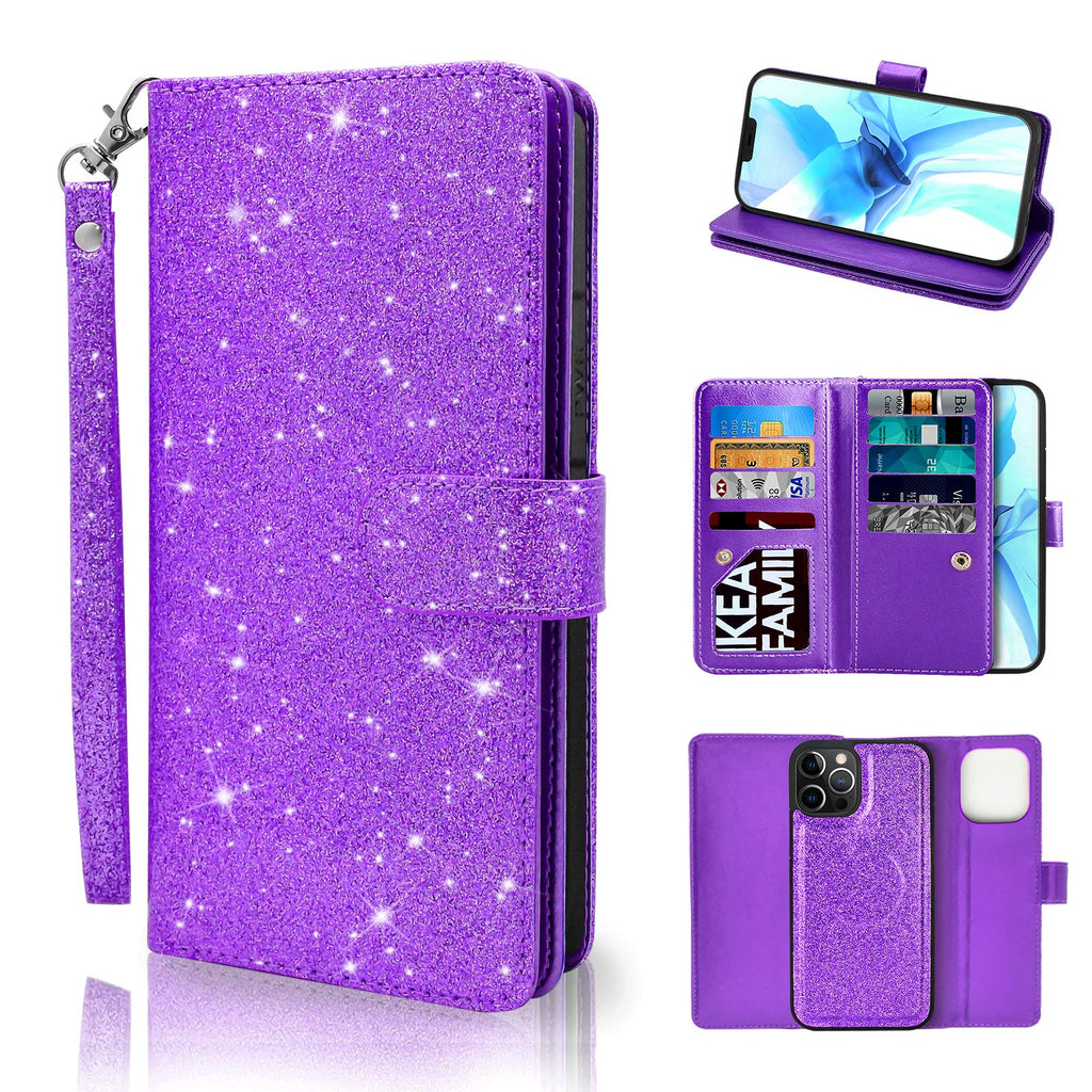 Newseego Compatible with iPhone 12 Pro Max Leather Case (6.7inch),Glitter Faux PU Leather Magnetic Closure Multi-Credit Card Slot Cash Holder Detachable 2 in 1 Wallet Cover with Wrist Strap-Purple Purple