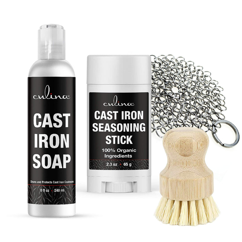 Culina Cast Iron Seasoning Stick & Soap & Stainless Scrubber & brush | All Natural Ingredients | Best for Cleaning, Non-stick Cooking & Restoring | for Cast Iron Cookware, Skillets