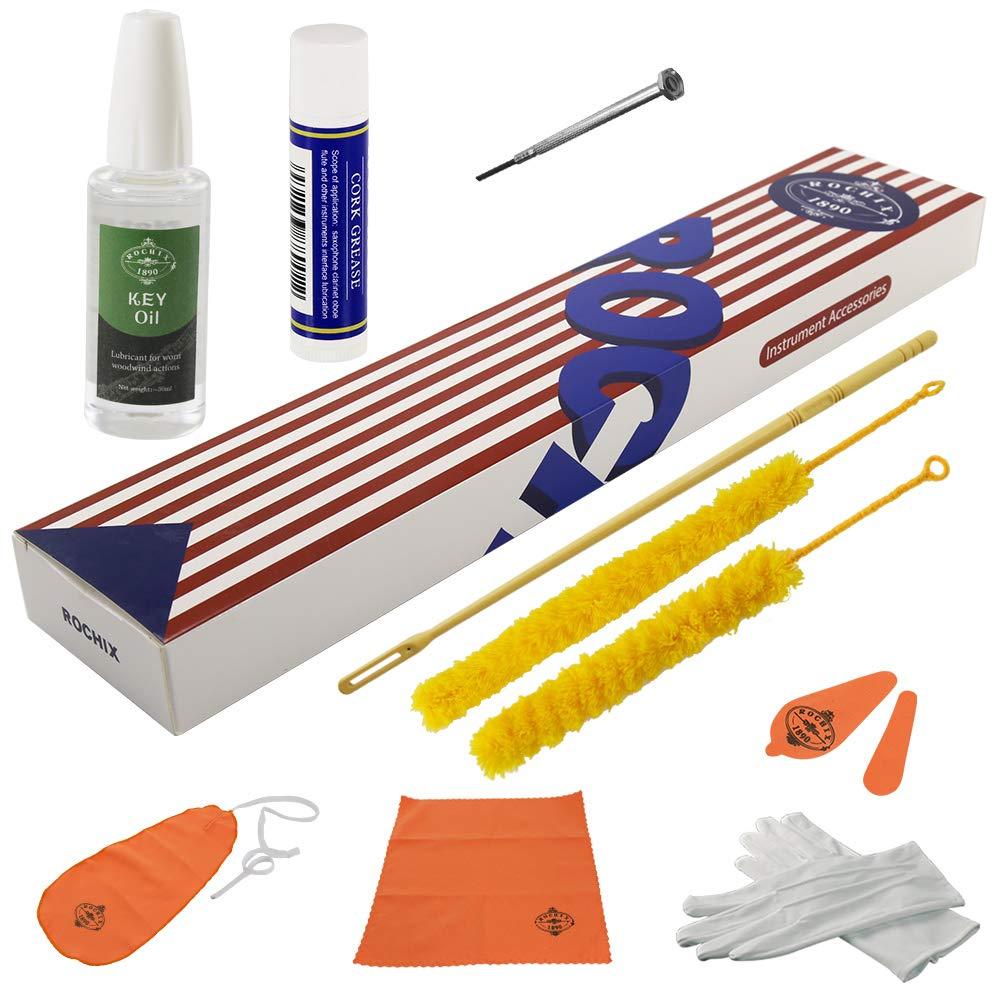 Rochix Flute Cleaner Care Cleaning Kit,Maintenance Kit,Orange,Key Oil,Cork Grease,Swab,Cleaning Cloth,Cleaning Brush,Cleaning Rod orange