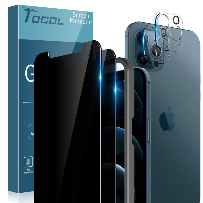 TOCOL 4 Pack Compatible with iPhone 12 Pro (Not for iPhone 12) - 2 Pack Privacy Tempered Glass Screen Protector and 2 Pack Glass Camera Lens Protector Alignment Frame Bubble Free Case Friendly - Black