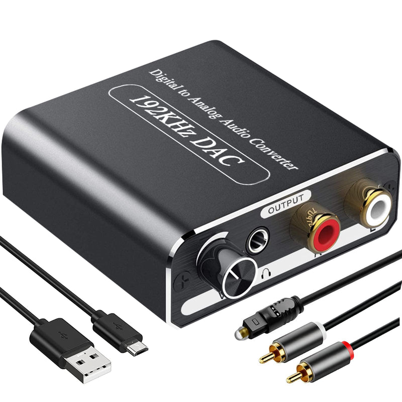 192KHz Digital to Analog Audio Converter with Volume Adjustment, Hdiwousp Optical to RCA Audio with Toslink Cable and RCA Cable for Home Theater Series Audio Devices, Aluminum