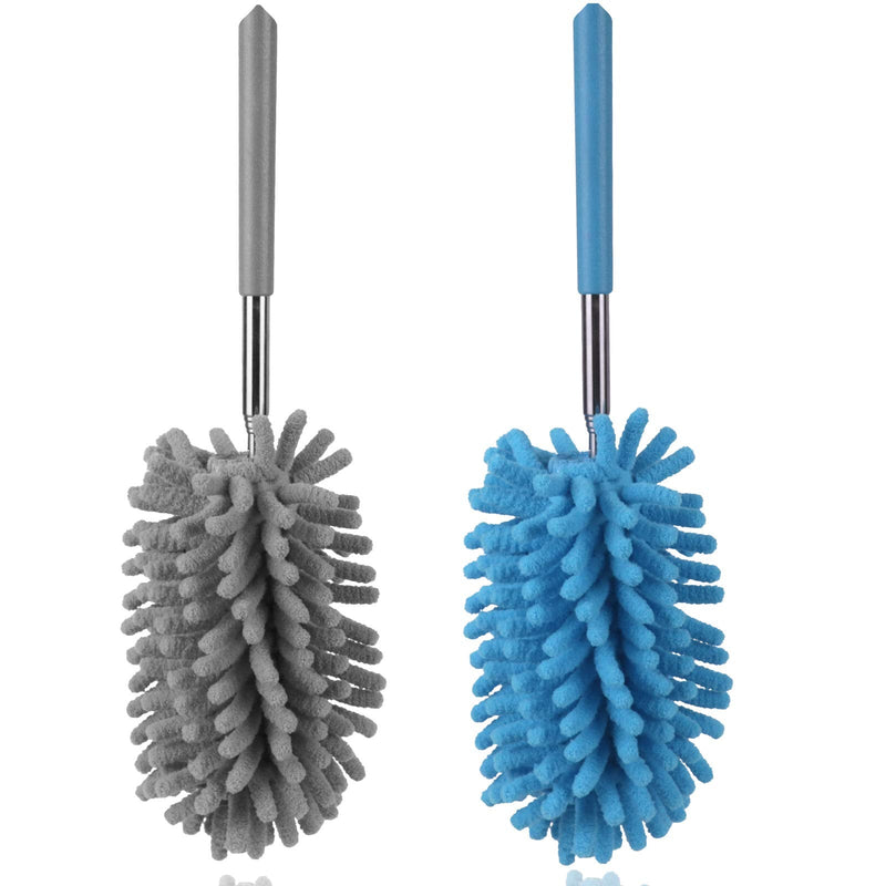 Microfiber Duster for Cleaning, Dusters with Telescoping Extension Pole, Extendable Washable Mini Dusters for Cleaning Car, Window, Furniture, Office (Blue and Grey) Blue and Grey