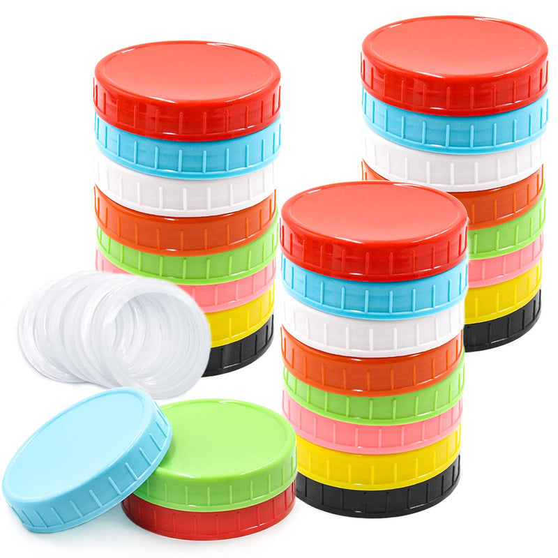 24 Count Wide Mouth Canning lids - Plastic Mason Jar Lids with Silicone Seals Rings Fits Ball/Kerr Jars, Leak-Proof & Anti-Scratch Resistant Surface, 8 Colors