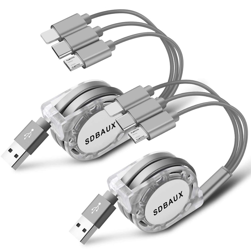 SDBAUX 2Pack Multi USB Charger Cable Retractable 3 in 1 Multiple Charging Cord Adapter with Mini Type C Micro USB Port Connectors Compatible with Cell Phones Tablets Universal Use (3.3ft/Gray)