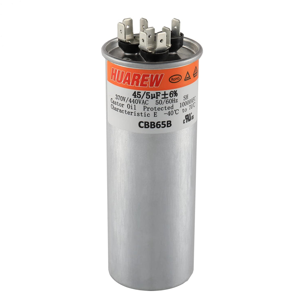 HUAREW 45 5 Capacitor 45+5 uF MFD 370/440 VAC CBB65 Dual Run Start Round Capacitor for Condenser Straight Cool or Heat Pump Air Conditioner or AC Motor and Fan Starting