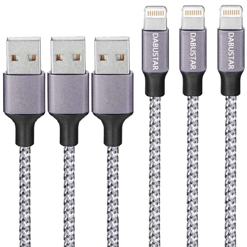 iPhone Charger,6ft 3Pack Lightning Cable DABUSTAR Nylon Braided Extra Long High Speed Data Sync Transfer Fast Charging Cord Compatible with iPhone 12 11 Pro Max XS XR X 8 7 6S 6 Plus SE iPad iPod More Gray