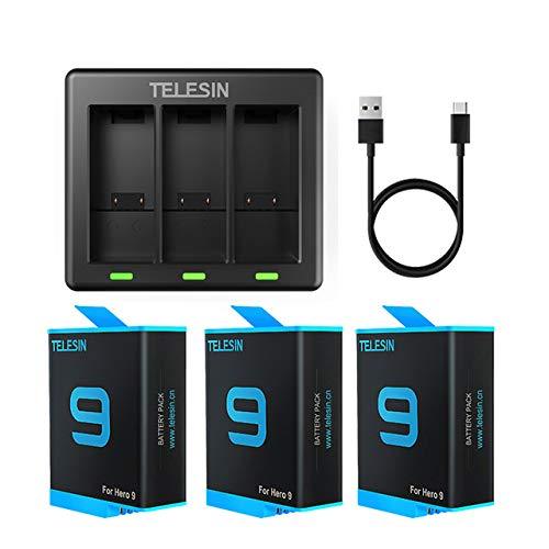 TELESIN Hero 9 Batteries and 3-Channel LED USB Charger Compatible with Hero 9 Black, Fully Compatible with Original (Charger + 3 Batteries) Charger + 3 batteries