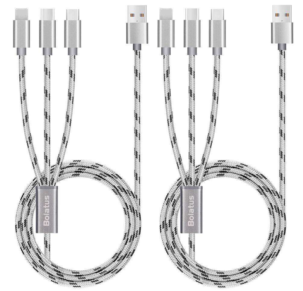 2Pack 5ft Multi Charging Cable, Bolatus Multi Charger Cable Nylon 3 in 1 Charging Cable Universal Charger Cord Adapter Type C Micro USB Connectors Compatible with Cell Phone Tablets More [Upgraded]