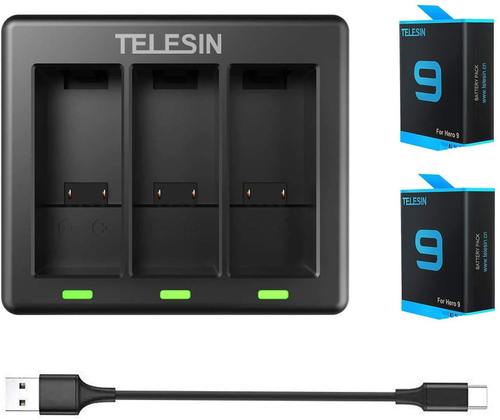 TELESIN 2-Pack Replacement Batteries (1750mAh) with 3 Channel Triple Battery Charger with Type-C Cable for GoPro Hero 9 Black, Fully Compatible with Go Pro 9 Original Charger and Battery