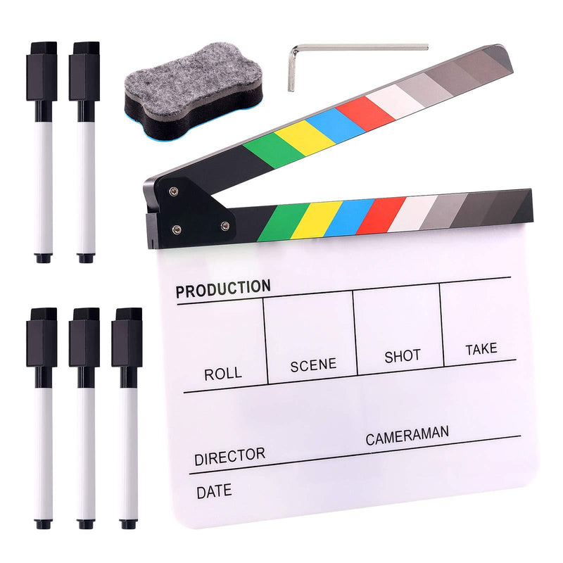 Swpeet 8Pcs 10"x12" Acrylic Film Movie Directors Clapboard Kit, Magnetic Blackboard Eraser, M3 Hex Wrench and 5Pcs Custom Pens Dry Erase Director Clapper Coating Board Slate for Director or Film Fans