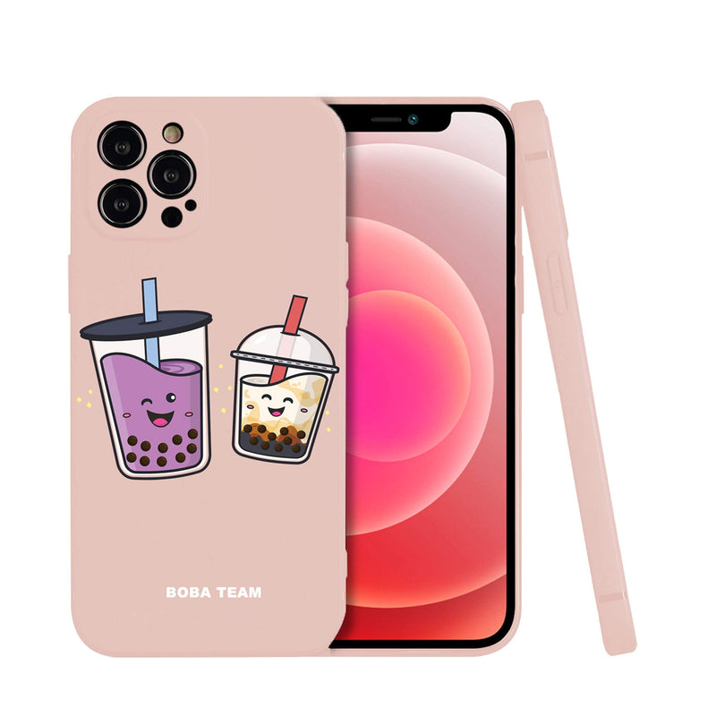 iPhone 12 Pro Max Boba Team Cute Bubble Tea Character Brown Sugar Milk Tea & Taro Cool Protective Silicone Rubber Case (Pink)