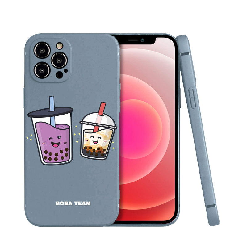 iPhone 12 Pro Boba Team Cute Bubble Tea Character Brown Sugar Milk Tea & Taro Cool Protective Silicone Rubber Case (Blue)