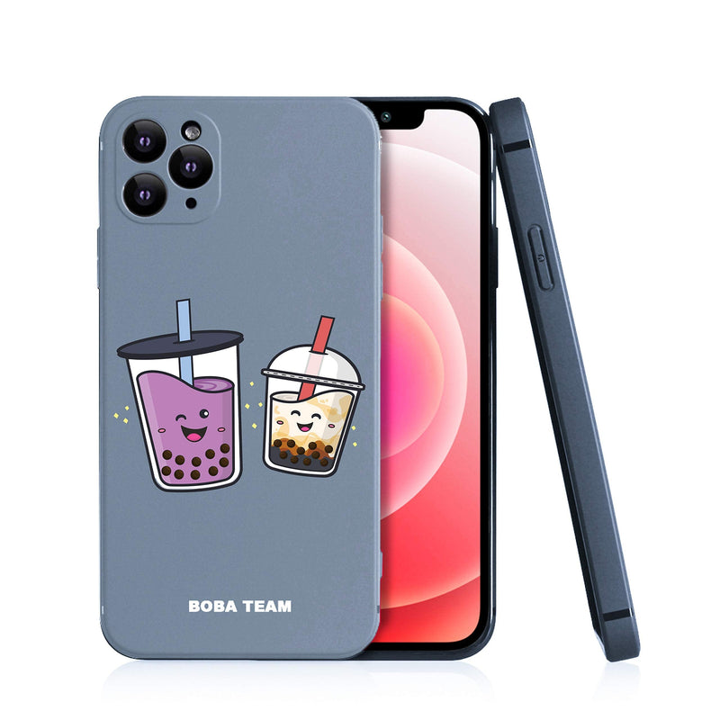 iPhone 11 Pro Boba Team Cute Bubble Tea Character Brown Sugar Milk Tea & Taro Cool Protective Silicone Rubber Case (Blue)