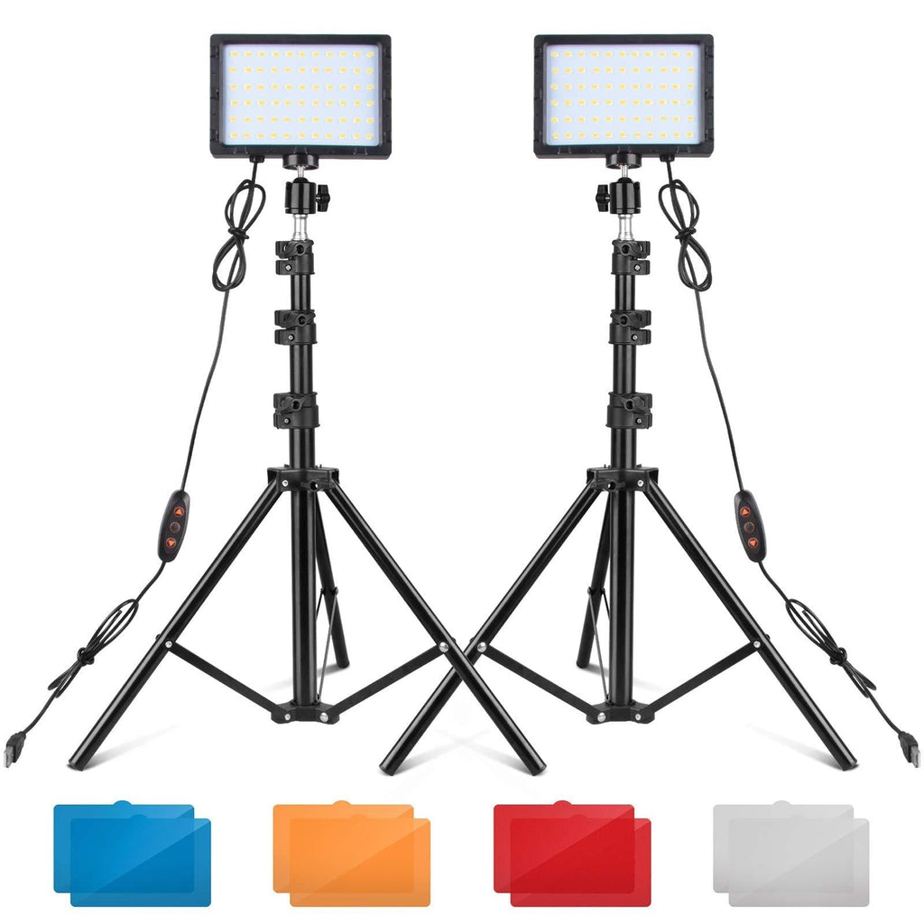 UBeesize LED Video Light Kit, 2Pcs Dimmable Continuous Portable Photography Lighting with Adjustable Tripod Stand & Color Filters for Tabletop/Low-Angle Shooting, for Zoom, Game Streaming, YouTube