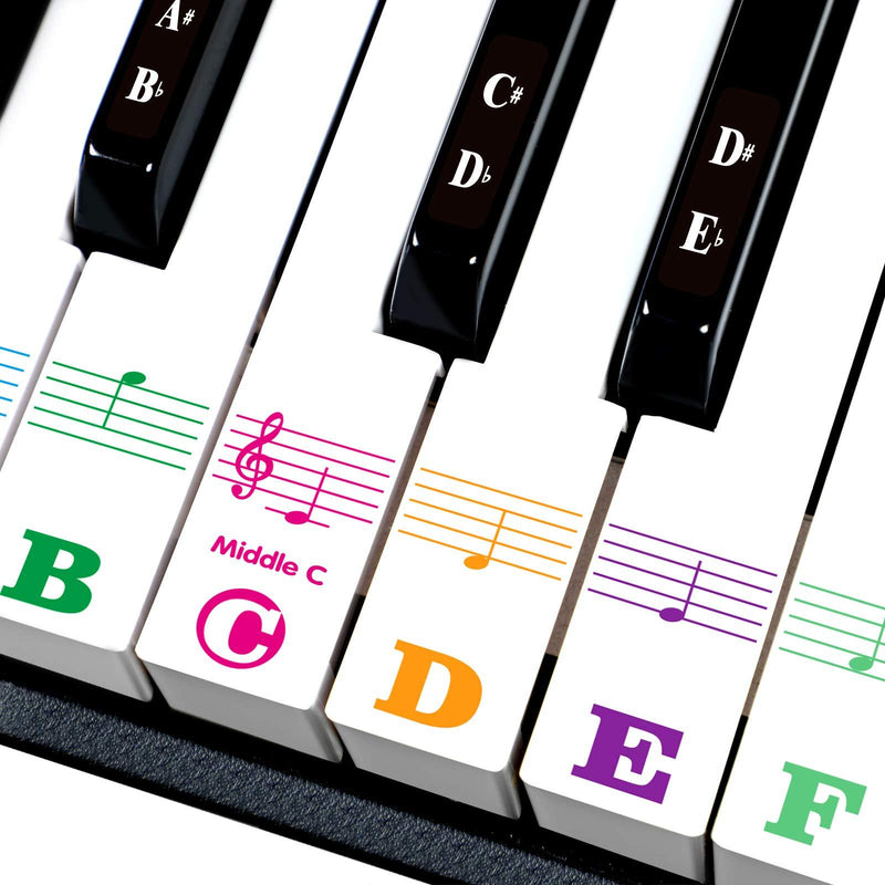 Piano keys Stickers for 88/61/54/49/37 Key. Transparent Removable,Colorful Thinner Material,with Cleaning Cloth 88 Keys Bright Large Bolded Letter Multi-Colored