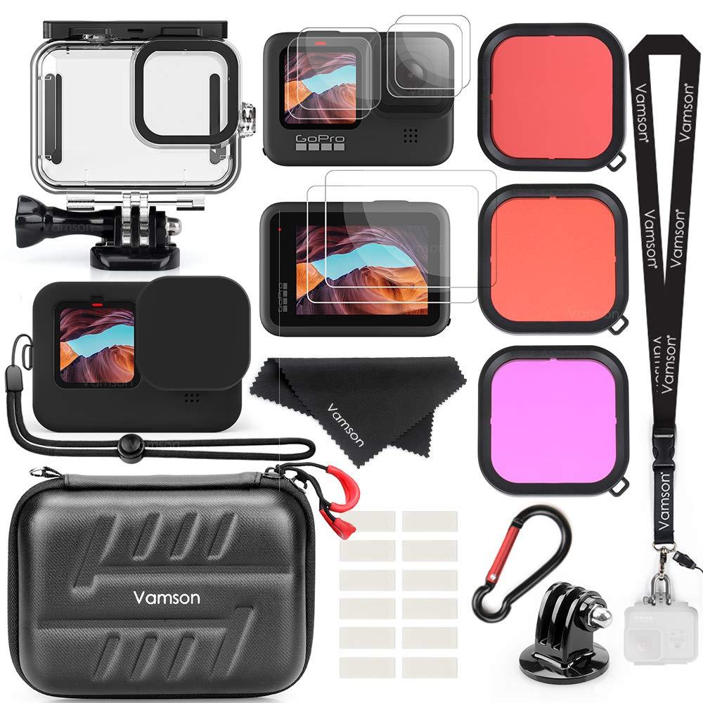 Vamson Accessories Kit for Gopro Hero 9 Black Waterproof Housing Case + 3 Lens Filters + Waterproof Carrying Case + Silicone Case + Tempered Glass Bundle for Go Pro 9 AVS16