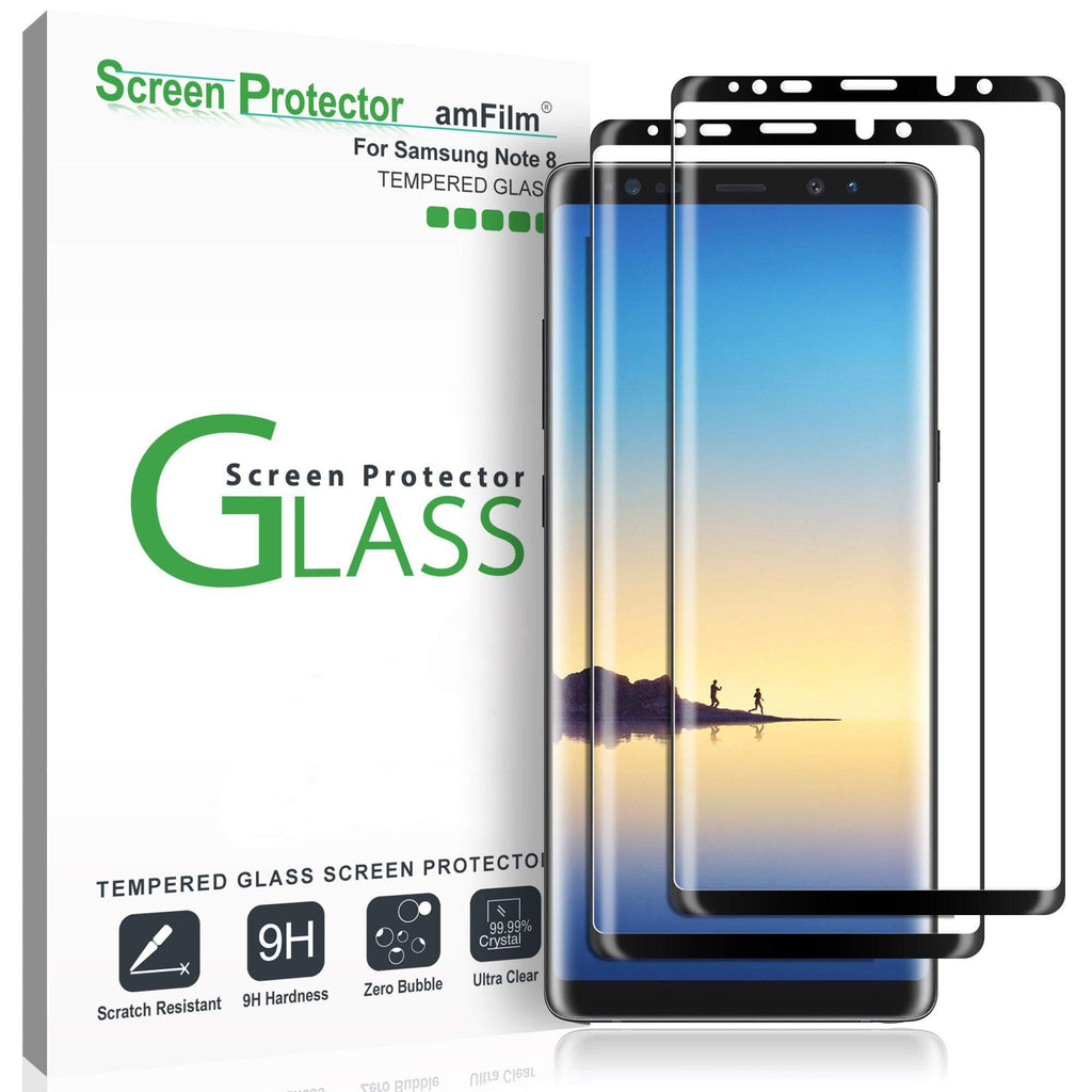 amFilm (2 Pack) Glass Screen Protector for Samsung Galaxy Note 8, Full Screen Coverage, 3D Curved Tempered Glass, Dot Matrix with Easy Installation Tray