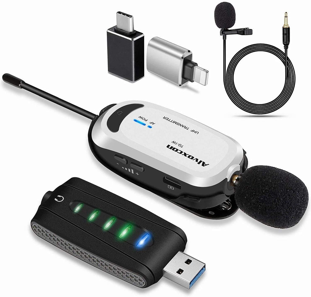 Wireless lavalier Microphone for iPhone & Computer -Alvoxcon USB Lapel Mic System for Android, PC, Laptop, Speaker, Podcasting, Vlog, YouTube, Conference, Vocal Recording, Gaming (with Monitor Jack) USB for iphone