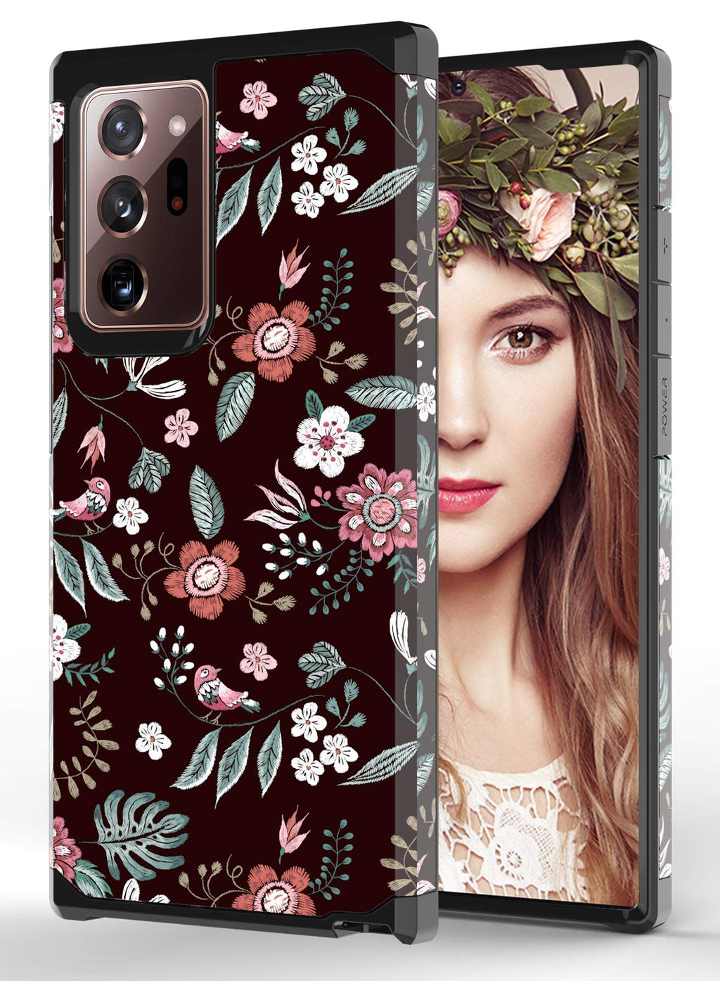 ShinyMax Galaxy Note 20 Ultra Case with Floral Design,Samsung Note 20 Ultra Phone Case,Hybrid Dual Layer Armor Protective Cover Sturdy Anti-Scratch Shockproof Case for Women and Girls-Flowers/Black Floral 01