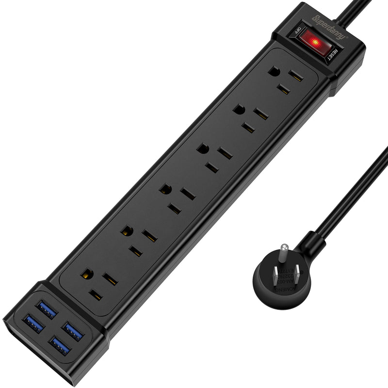 Power Strip, SUPERDANNY Surge Protector Power Strip with USB Ports, Extension Cord, 6 Outlet & 4 USB, Flat Plug, 4.5Ft Cord, 900J, Multiple Protection for iPhone/iPad/PC/Home/Office/Dorm/Travel, Black 4 ft