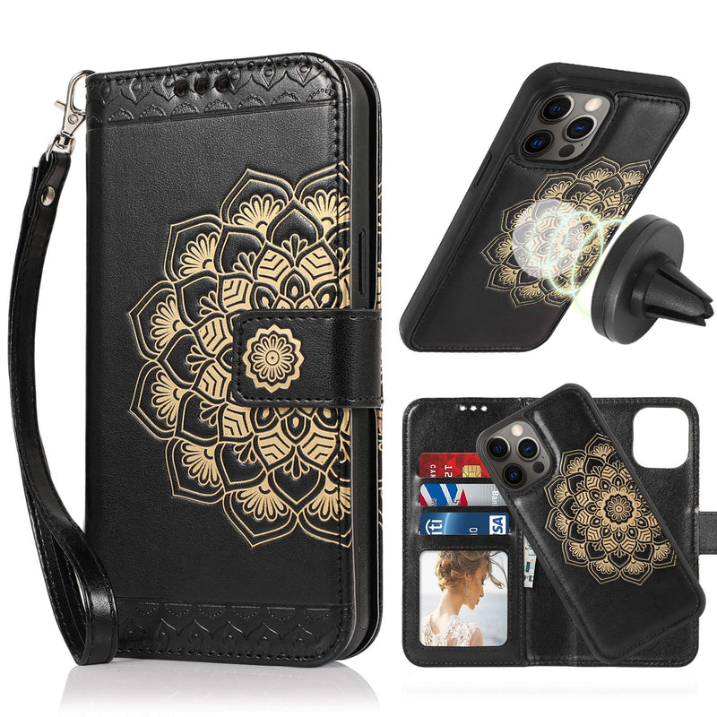 CASEOWL Wallet Case Compatible for iPhone 12 Pro Max,Magnetic Detachable Case Fit Magnetic Car Mount,Card Solts Holder, Embossed Mandala Pattern Flower Floral Leather Flip Wallet Case[Black] Black [Compatible for iPhone 12 Pro Max 6.7'' ONLY]