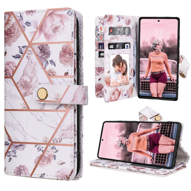 Dracool for Samsung Galaxy Note 20 Ultra Case for Samsung Note 20 Ultra 5G Wallet Case Cover for Women Girls Premium Leather with 10 Card Holder Slots Magnetic Kickstand Flip Flower - Rose Gold Marble