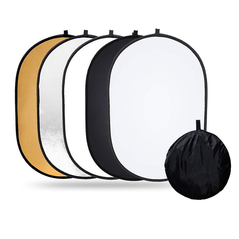 Photo Light Reflector 35x47inches/ 90x120 cm 5 in 1 Diffuser Photography Collapsible with Bag and Reflector Holder Clips for Studio Outdoor Lighting, Translucent, Silver, Gold, White and Black