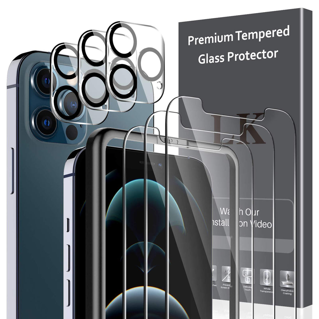 [3+3 Pack] LK Compatible with iPhone 12 Pro 6.1-inch, 3 Pack Tempered Glass Screen Protector + 3 Pack Camera Lens Protector, Easy Frame Installation, 9H Hardness HD Ultra Anti-Scratch Bubble Free