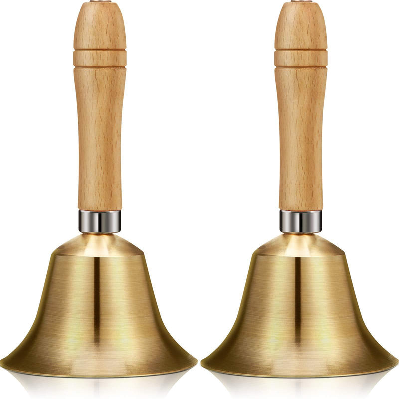 2 Pieces Solid Brass Hand Call Bells with Wooden Handle Handbells Loud Ringing Bell Solid Brass Wooden Handle Bell Hand Held Service Bell Animal Bell Decoration (3.15 x 3.15 x 5.9) 3.15 x 3.15 x 5.9