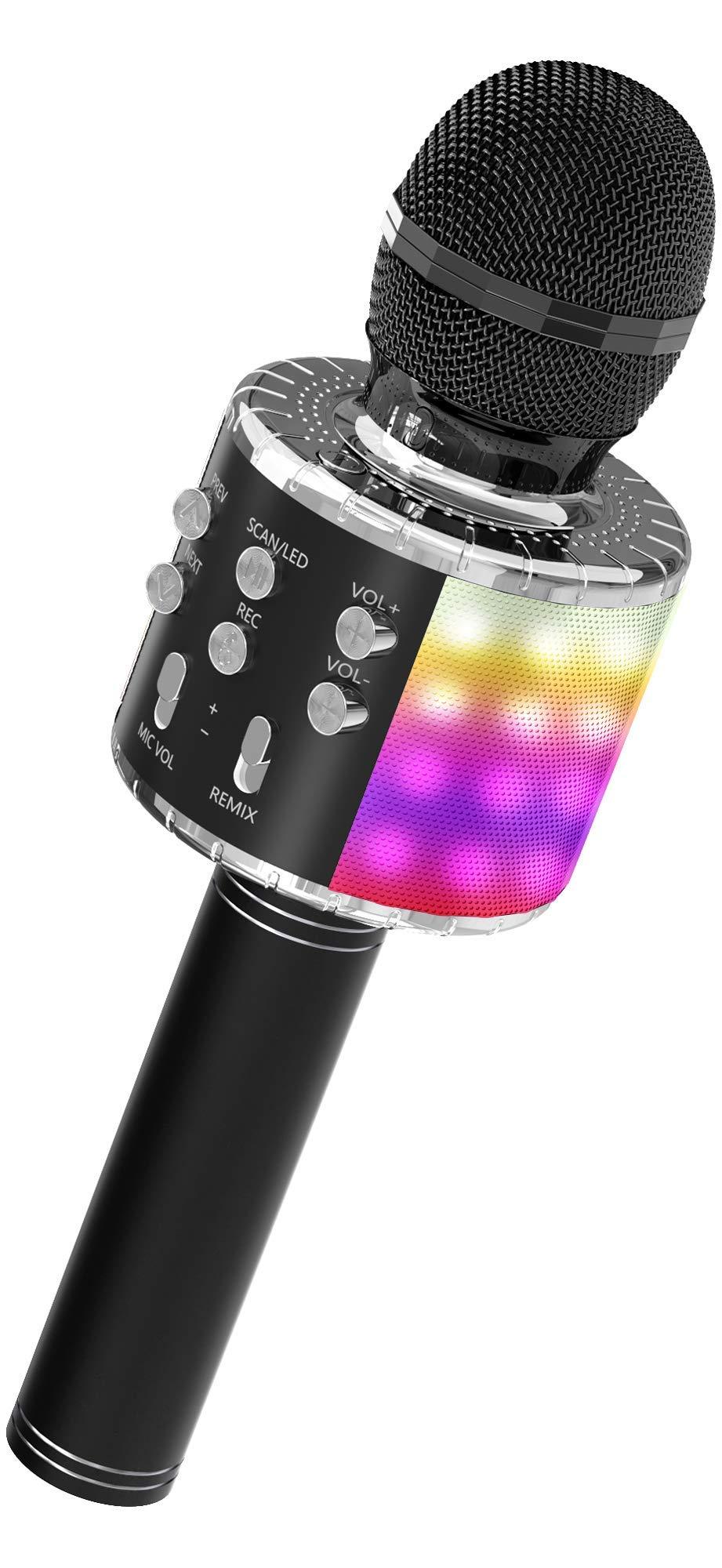 OVELLIC Karaoke Microphone for Kids, Wireless Bluetooth Karaoke Microphone with LED Lights, Portable Handheld Mic Speaker Machine, Great Gifts Toys for Girls Boys Adults All Age (Black) Black