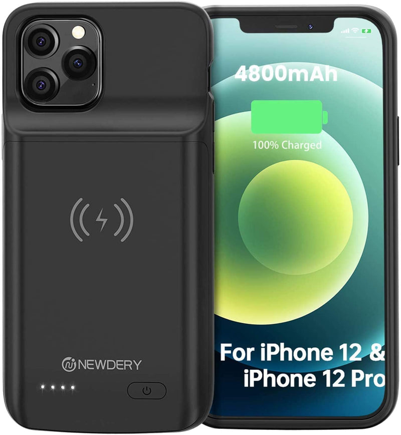 NEWDERY Battery Case for iPhone 12/12 Pro 6. 1", 4800mAh Portable Protective Backup Qi Wireless Charging Case for iPhone 12/12 Pro, Rechargeable Extended Battery Pack Charger Case(Black)